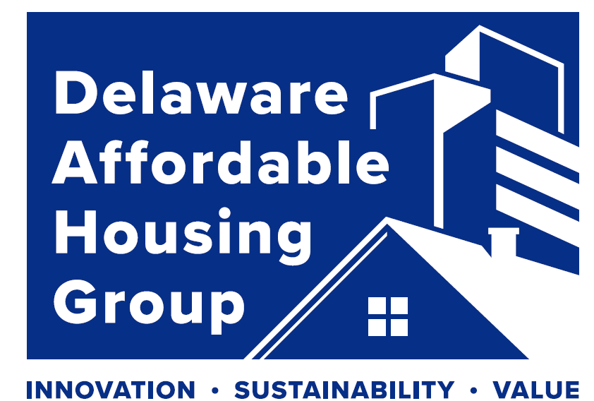 A blue and white logo for delaware affordable housing group.