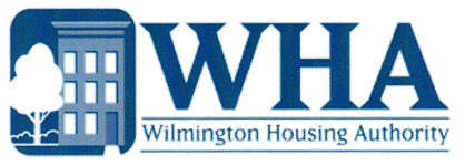 A blue and white logo of wilmington house.